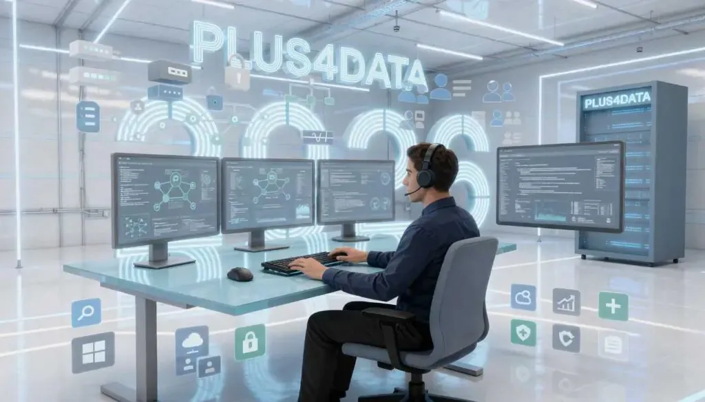 PLUS4DATA_eguide4DATA_IT-Administrator_Rekrutierung-1024x584-1-1024x584 IT-Spezialist arbeitet an mehreren Monitoren in einer modernen PLUS4DATA Infrastrukturumgebung