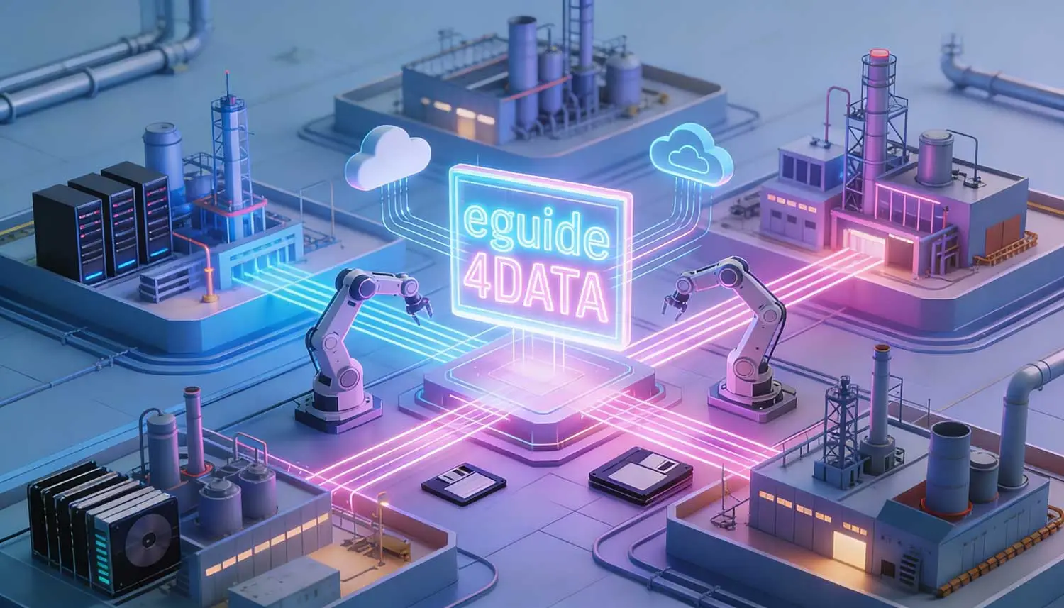 Industrial environment with interconnected OT systems and the eguide4DATA platform visualizing centralized backups, versioning, cybersecurity, and multi‑site data management.