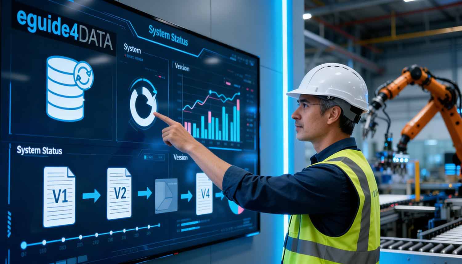 OT‑Management Dashboard von eguide4DATA zur Überwachung von Systemstatus, Versionen und Automatisierungsdaten in einer Industrieumgebung