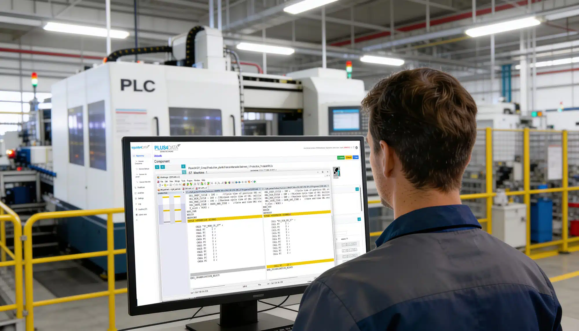 Engineer monitoring PLC program code in a manufacturing facility using eguide4DATA to detect and track control system changes.