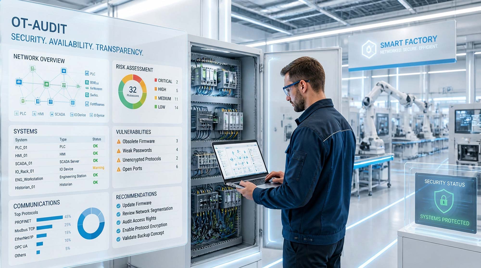Audit-Situation in einer automatisierten Produktionsumgebung mit OT-Systemen und Dashboard für Backup, Wiederherstellung, Dokumentation und Asset-Inventar