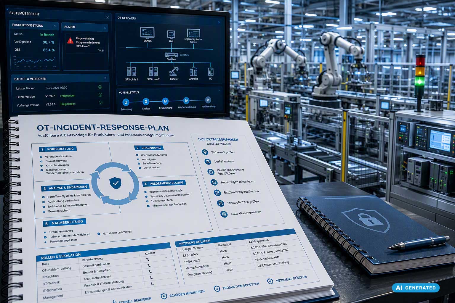 otincidentresponoseplan_plus4data-eguide4data_de OT Incident Response Plan template displayed in a modern manufacturing environment with industrial robots, production systems, version-controlled backups, and OT security monitoring dashboards.