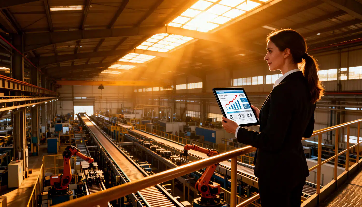 Blog 1 Industriehalle mit Produktionslinie und Kennzahlen zur Bewertung ungeplanter OT‑Stillstände.