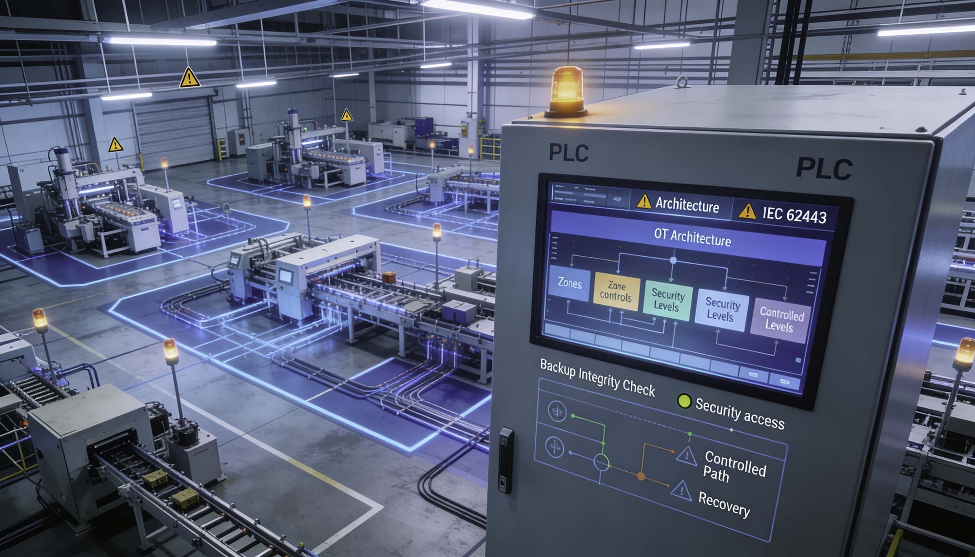 industrial production environment with PLC control cabinet and digital interface displaying OT architecture, security zones and backup integrity concepts according to IEC 62443