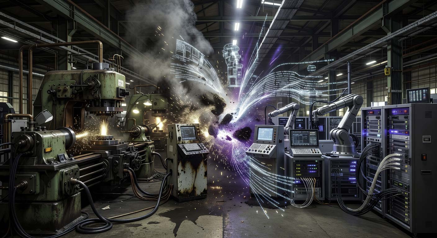 Industrial factory environment showing two different machine parks merging, with legacy PLC systems on one side and modern automated production with centralized data visualization on the other, illustrating OT data backup and system integration chall
