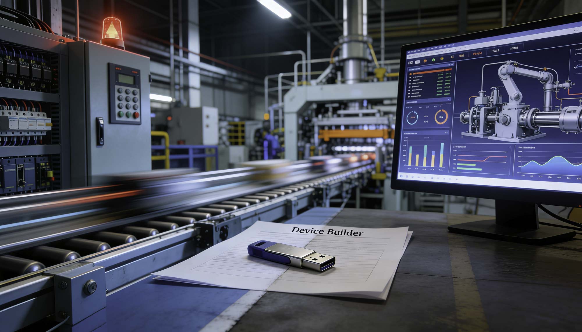 USB drive on machine handover document in an industrial production environment with control cabinet and monitoring screen, representing unclear responsibility for OT backup between machine builder and operator