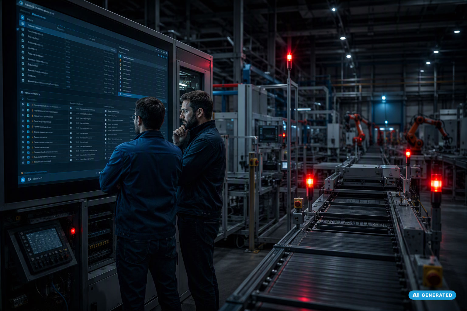 OT Version Control and Data Management for Industrial Manufacturing Industrial engineers monitoring OT version control and production data management systems on a large digital dashboard in a smart factory environment.